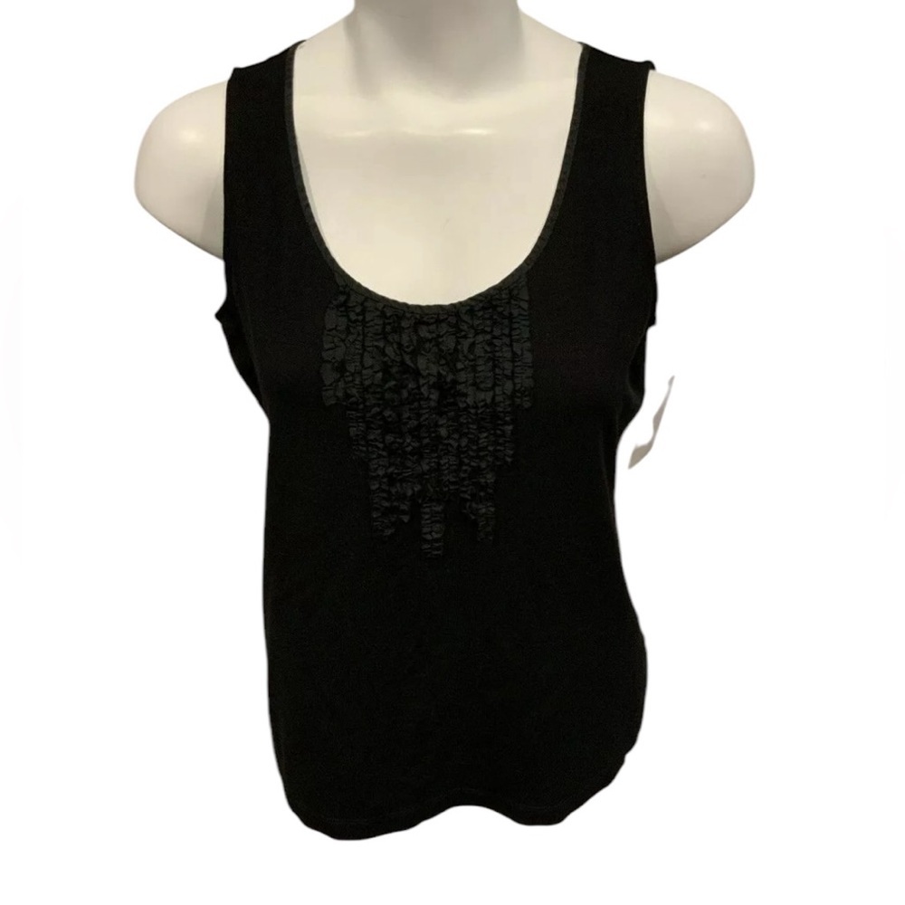 Eileen Fisher black tank‎ top ruffle neckline size small